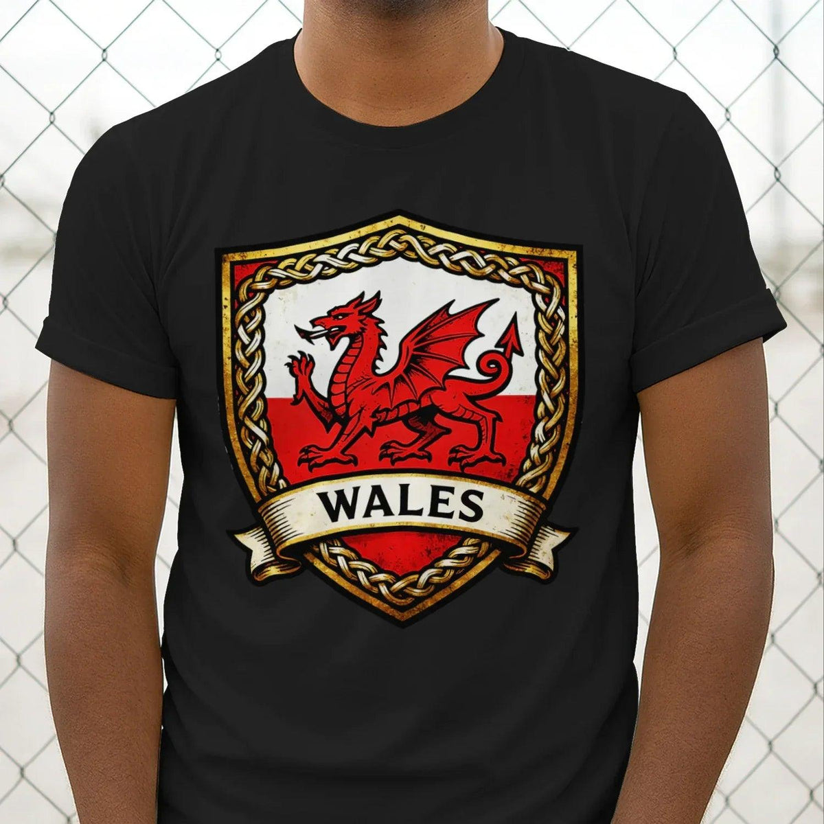 Black cotton T-shirt with Wales heraldic dragon shield front graphic