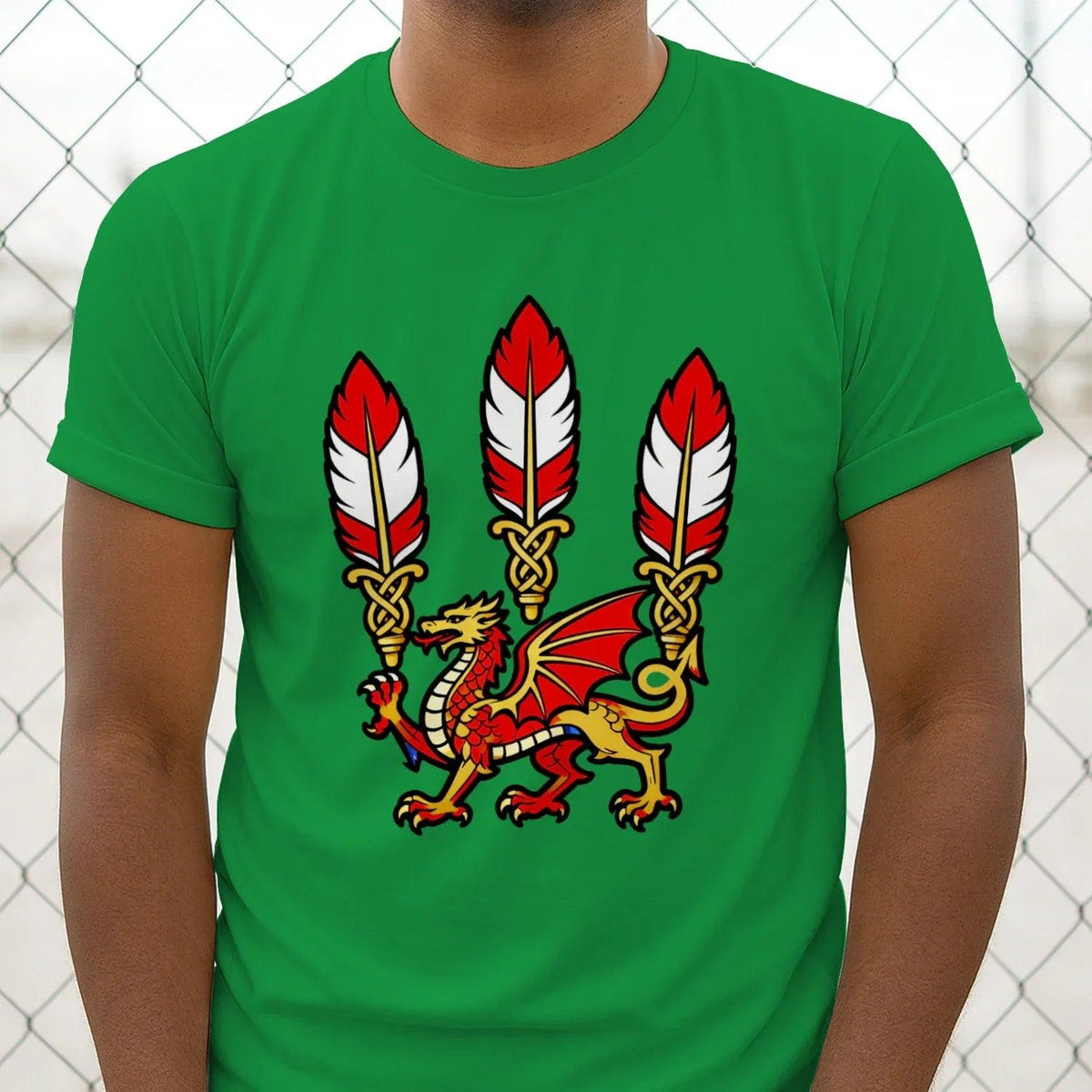 Green crew-neck T-shirt featuring a red dragon and three red-and-white feather crests
