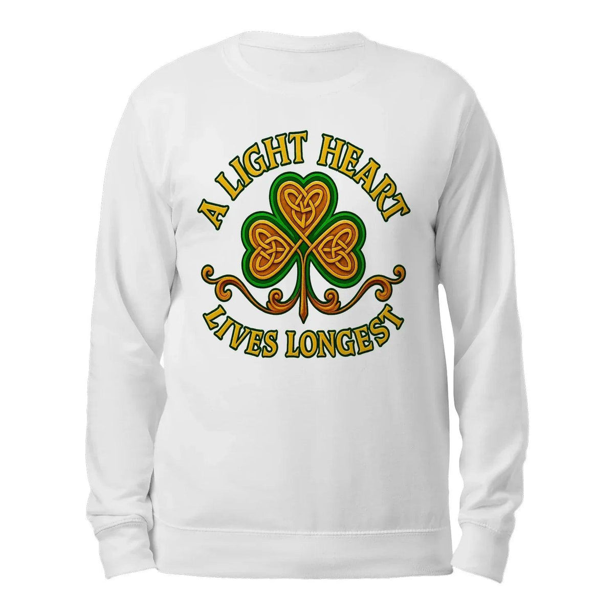 White sweatshirt with back clover graphic and “A LIGHT HEART LIVES LONGEST”
