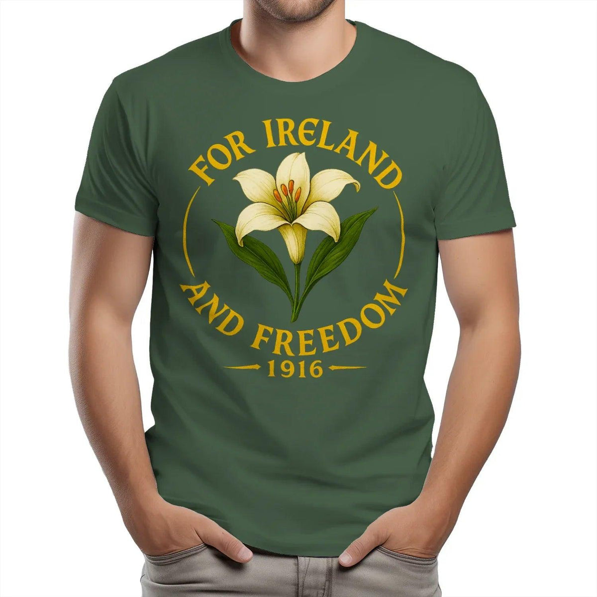 Dark green cotton T-shirt with 'For Ireland and Freedom 1916' graphic