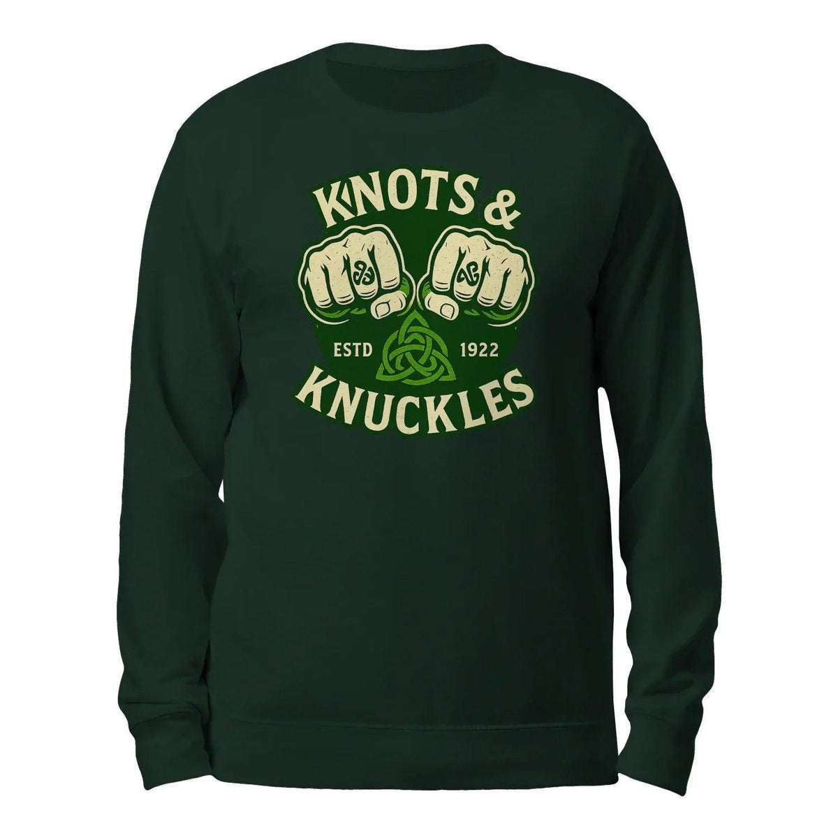 Forest green crewneck sweatshirt with front “Knots & Knuckles” logo graphic