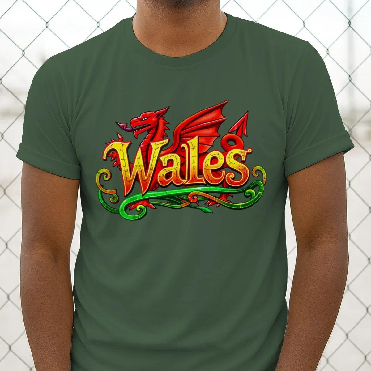 Men's graphic cotton T-shirt, dark green with Wales dragon logo centered