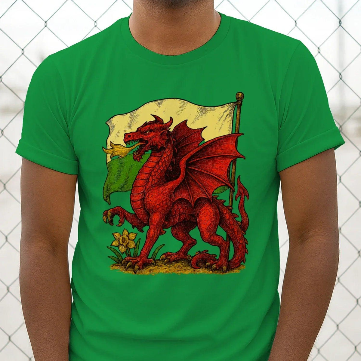 Men's classic t-shirt in green with Welsh dragon flag graphic centered