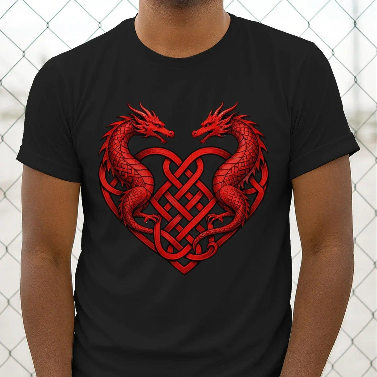 Black T-shirt with red double-dragon heart graphic and Celtic knot pattern