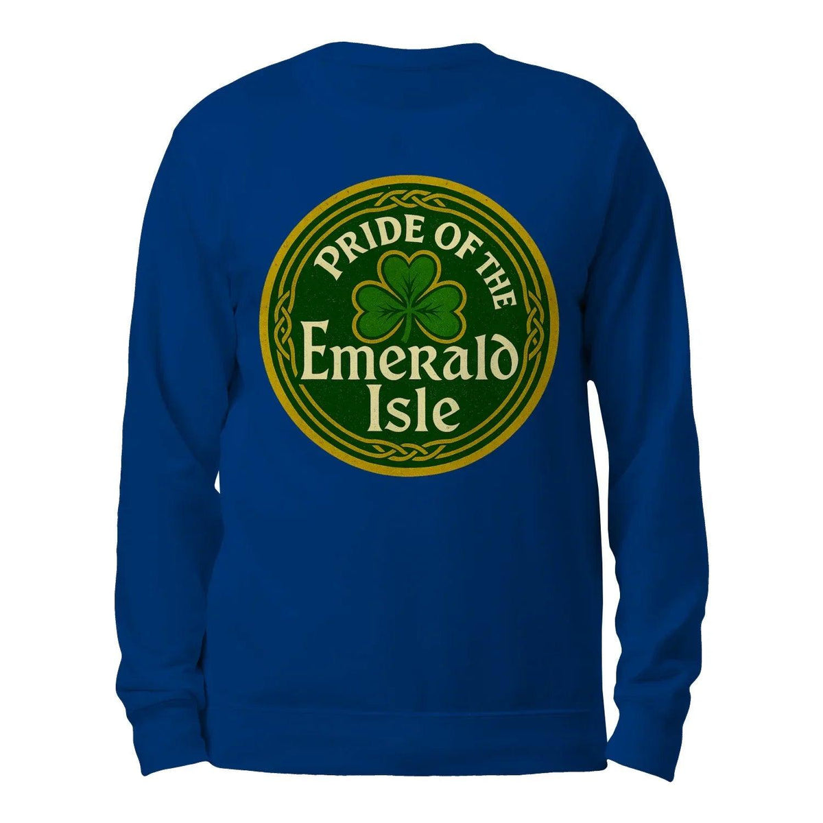 Royal blue crewneck sweatshirt with Pride of the Emerald Isle logo on back, long sleeves