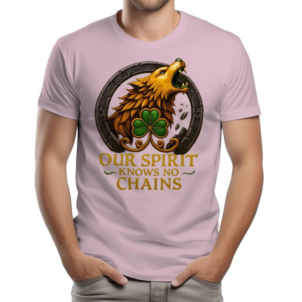 Light purple crewneck T-shirt with large wolf and clover emblem graphic