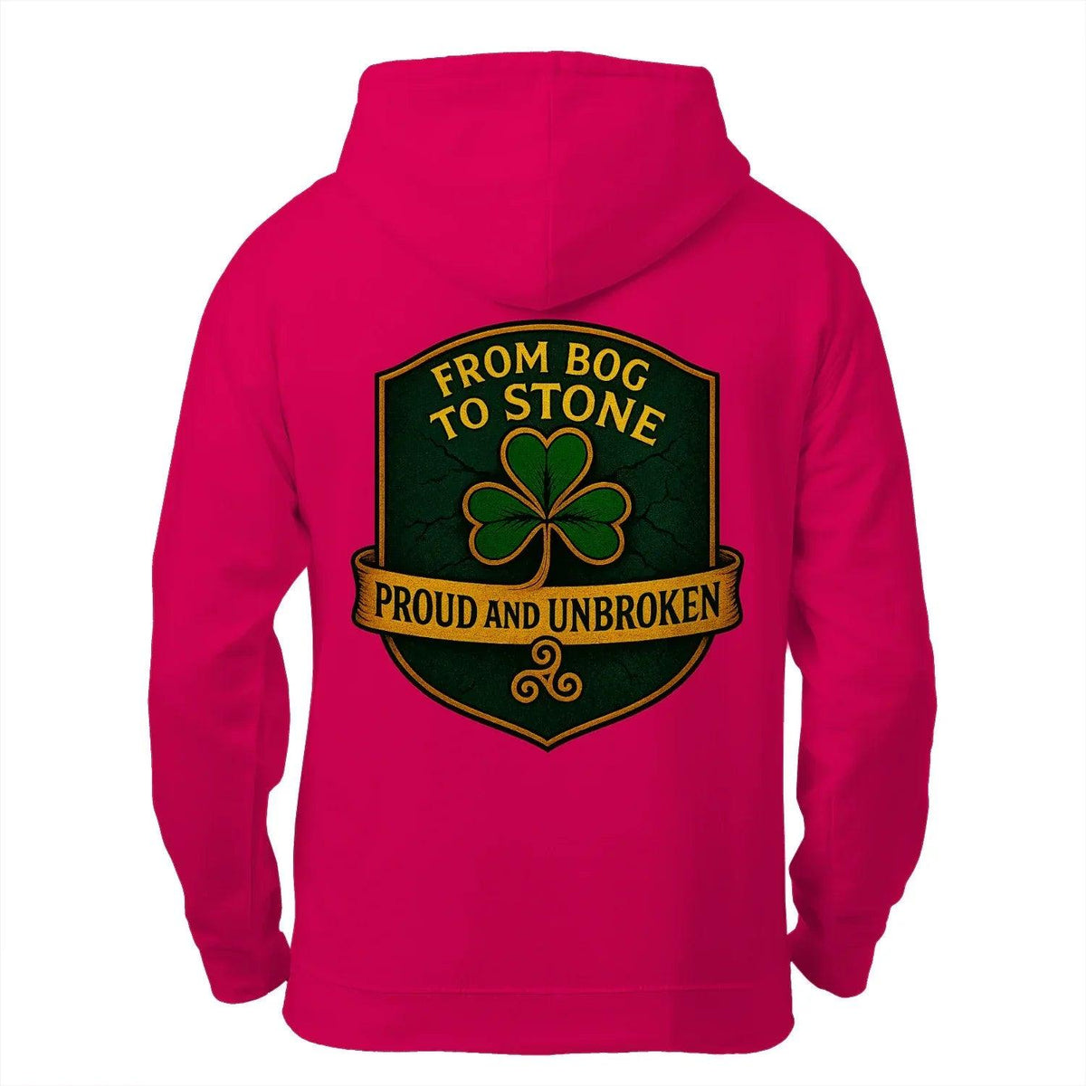 Red zip hoodie with back graphic patch featuring 'From Bog to Stone' clover
