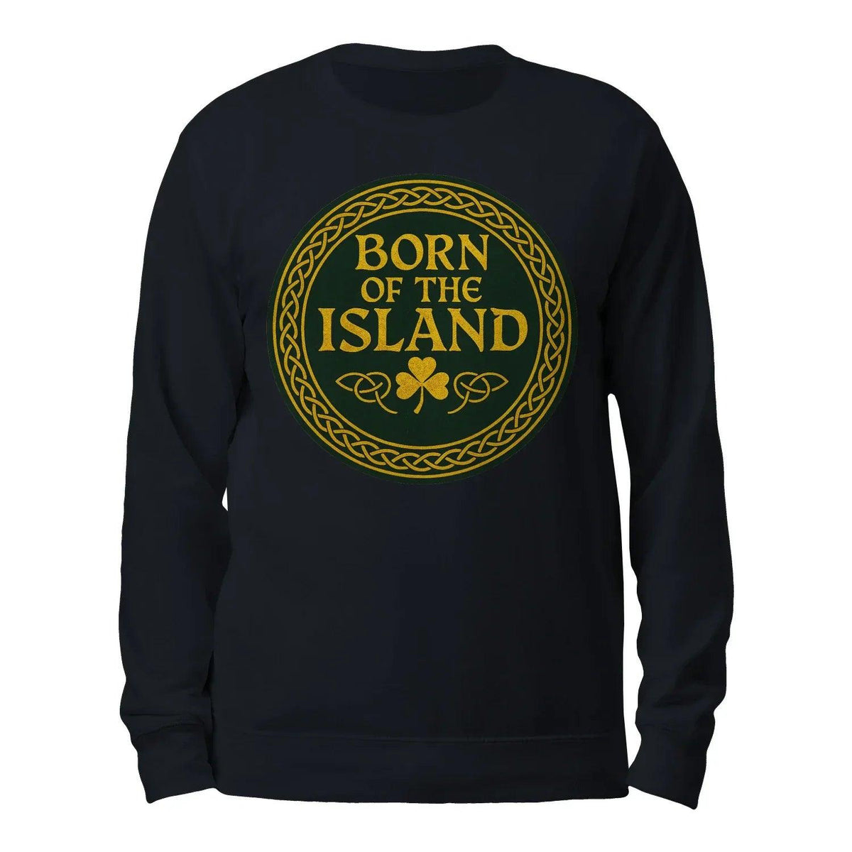 Navy crewneck sweatshirt with gold “Born of the Island” circular logo print