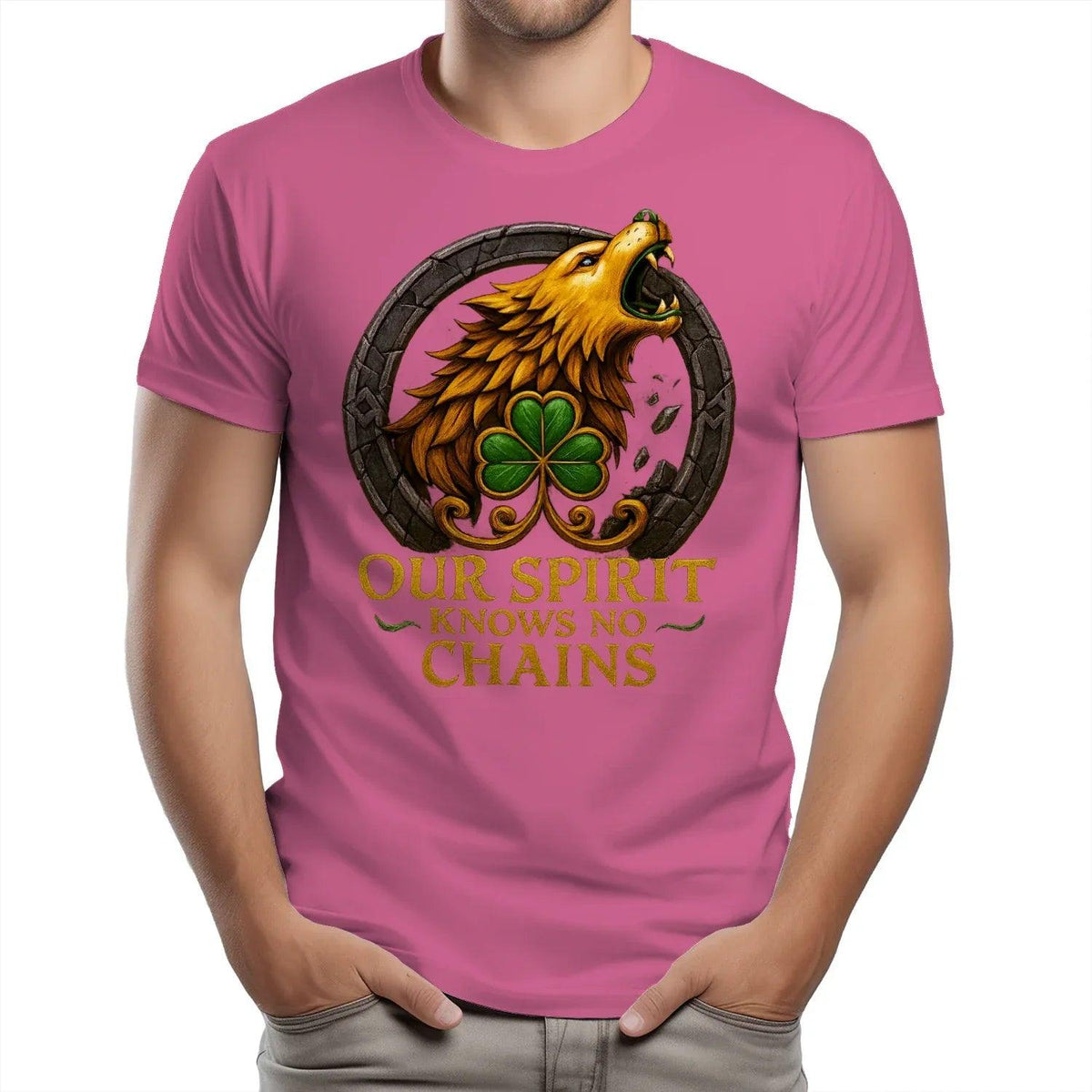 Pink crewneck T-shirt with hawk and clover circular emblem and slogan text