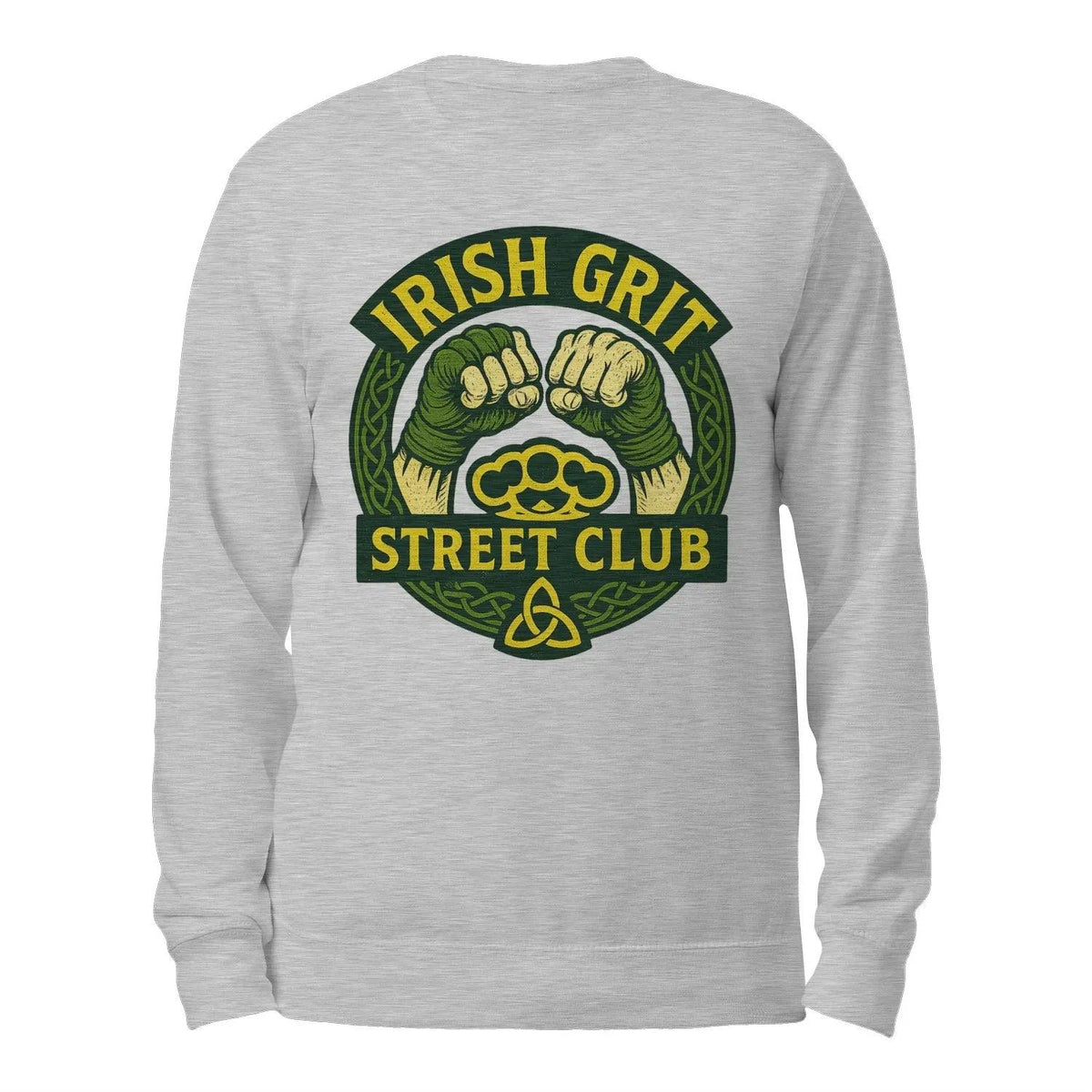 Heather gray crewneck sweatshirt with green circular logo graphic on the back