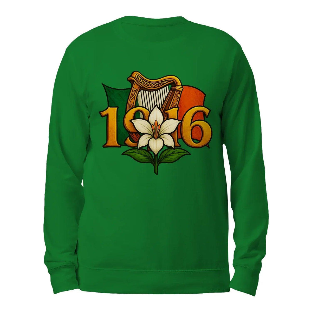 Kelly green sweatshirt with central lily and “1916” graphic on chest