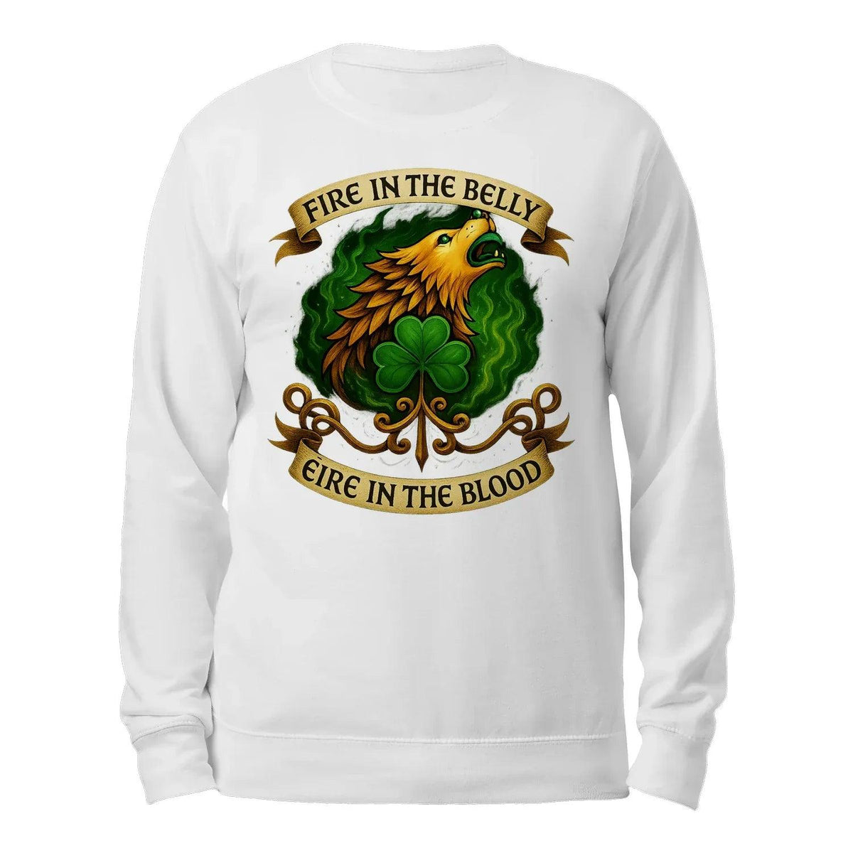 White pullover hoodie with back crest graphic, crew neck and long sleeves