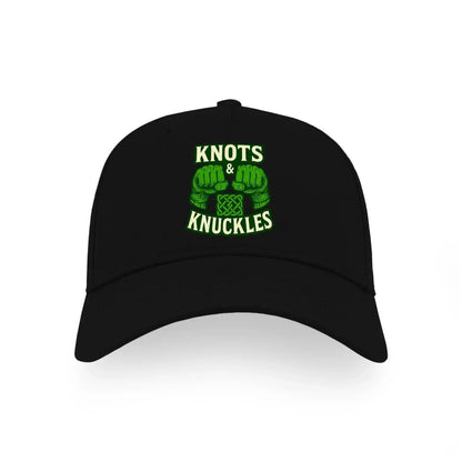 Black baseball cap with green KNOTS & KNUCKLES front patch logo