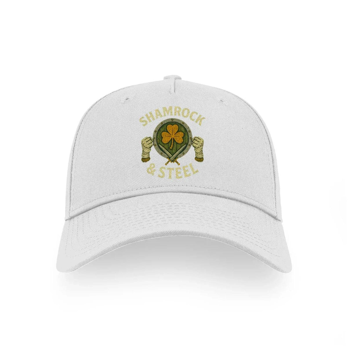 White sports buckle cap with centered Shamrock & Steel clover badge logo