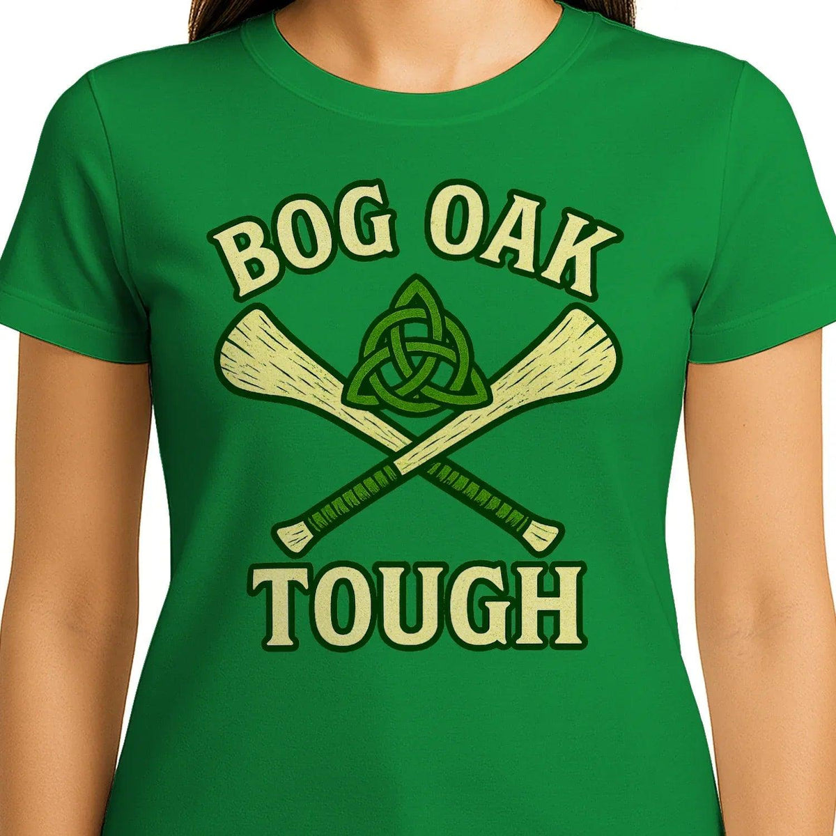 Irish Bog Oak souvenir T-shirt, green with BOG OAK TOUGH crest graphic