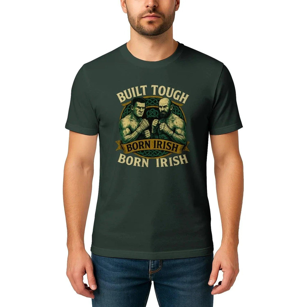 Dark green graphic crew-neck T-shirt with front print, short sleeves
