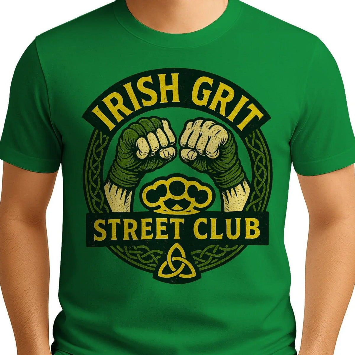 Green front graphic T-shirt, short sleeves, round neckline, circular emblem print