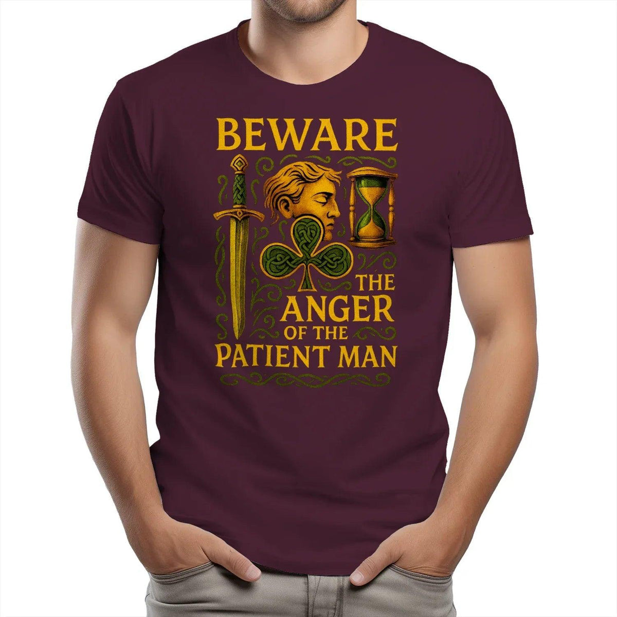 Maroon short-sleeve t-shirt with gold BEWARE and ANGER patient man graphic