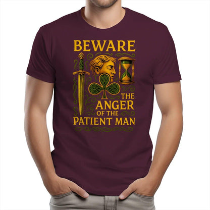 Maroon short-sleeve t-shirt with gold BEWARE and ANGER patient man graphic