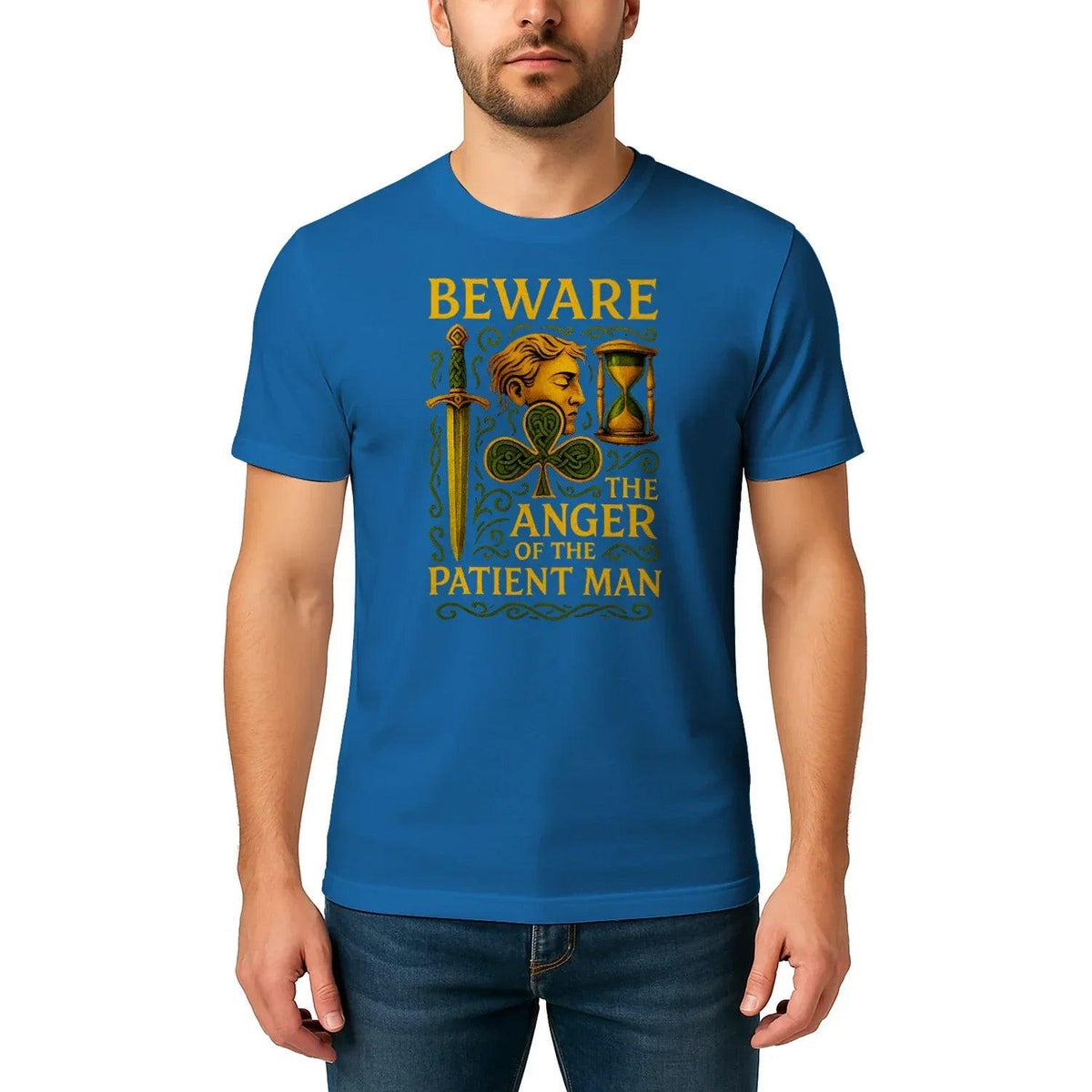 Blue T-shirt with gold BEWARE text and Celtic hourglass anger graphic on chest