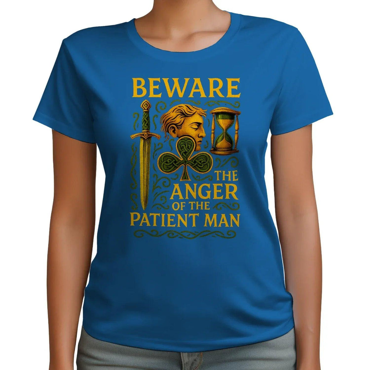 Blue T-shirt with gold BEWARE lettering and Celtic hourglass anger graphic