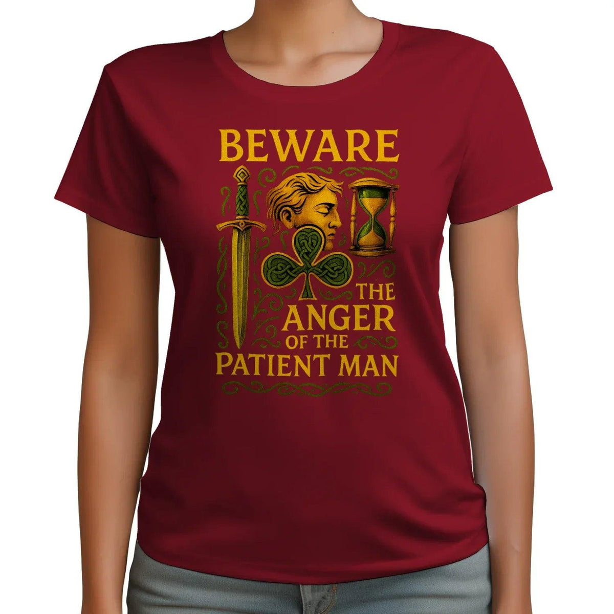 Maroon T-shirt with centered gold BEWARE text and Celtic hourglass anger graphic