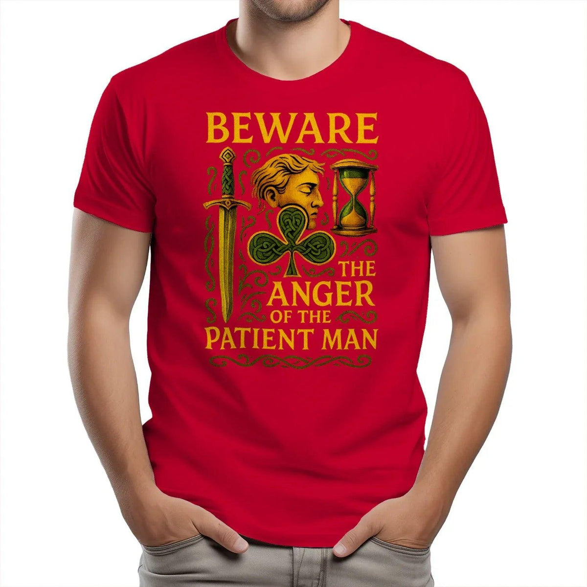 Red crew-neck graphic t-shirt with 'BEWARE' Celtic hourglass figure