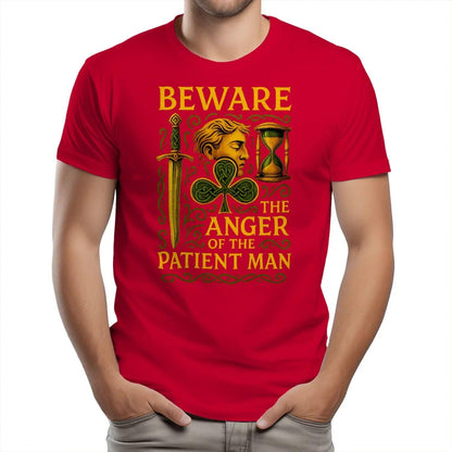 Red crew-neck graphic t-shirt with 'BEWARE' Celtic hourglass figure