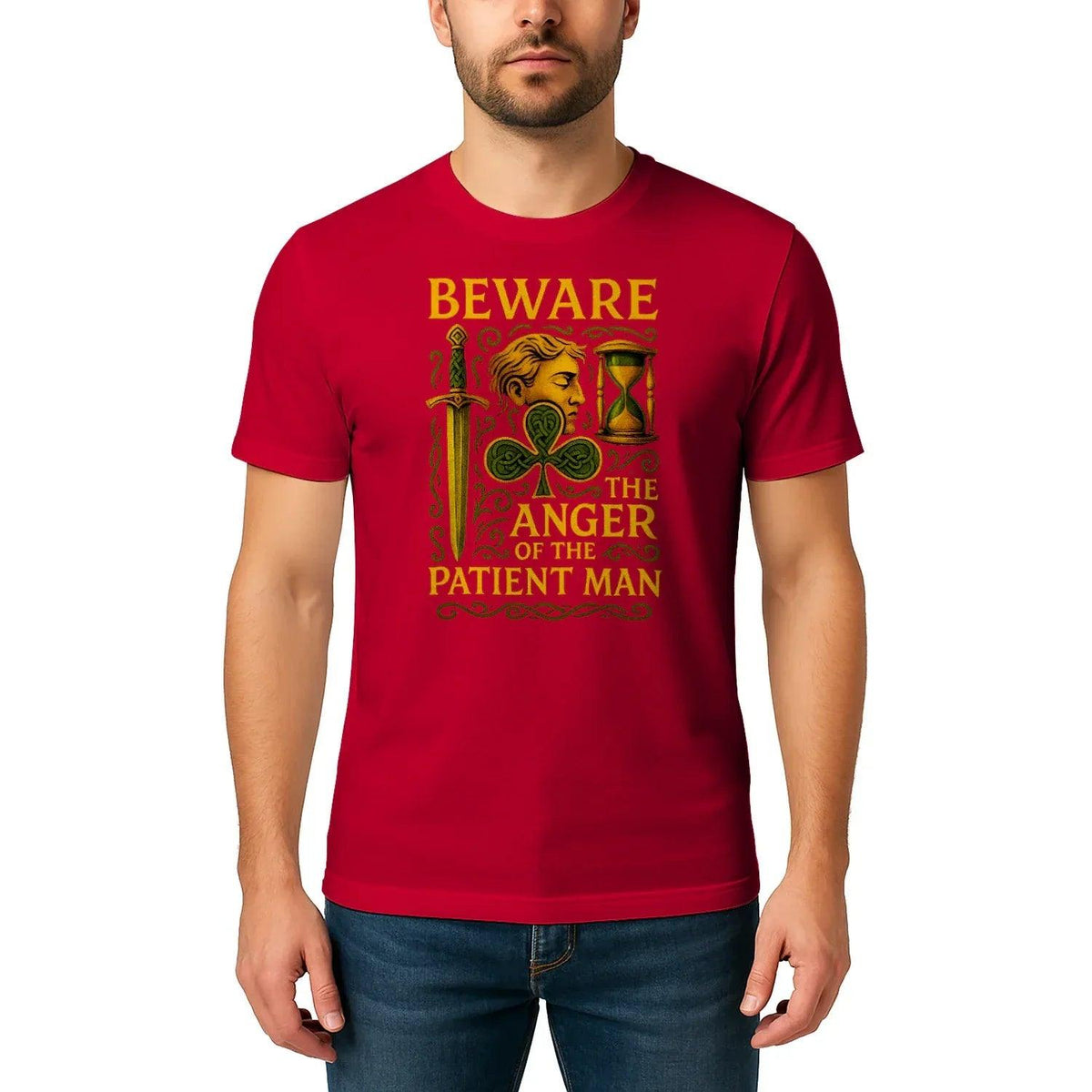 Red crew-neck graphic t-shirt with 'THE ANGER OF THE PATIENT MAN' Celtic art