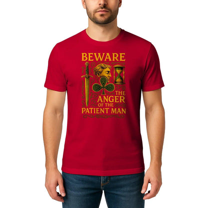 Red crew-neck graphic t-shirt with 'THE ANGER OF THE PATIENT MAN' Celtic art