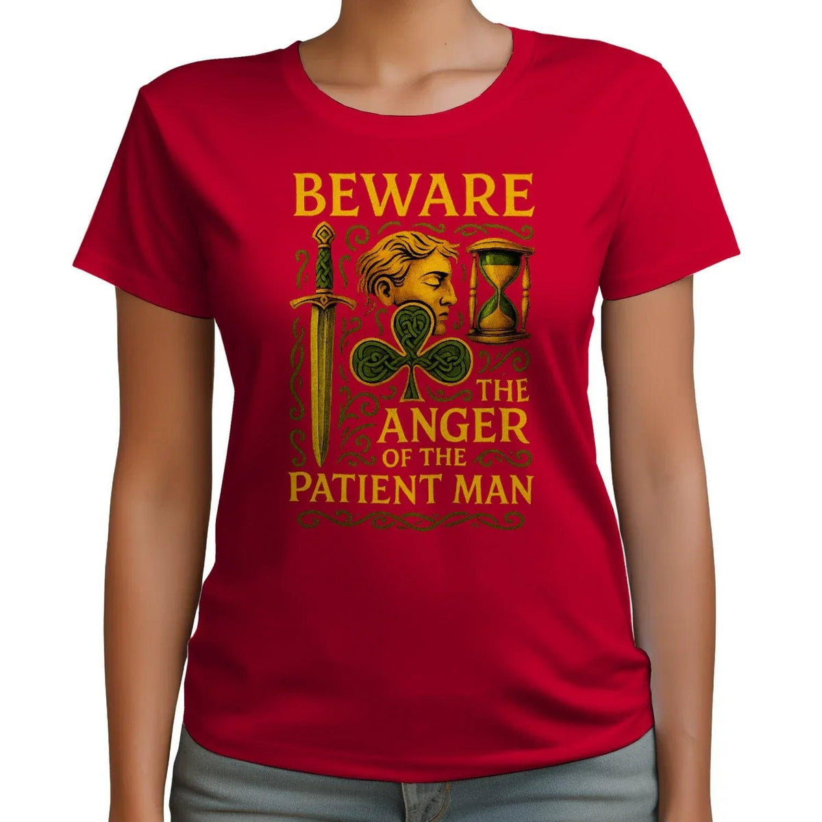 Red crew-neck graphic t-shirt with 'BEWARE' and Celtic hourglass design