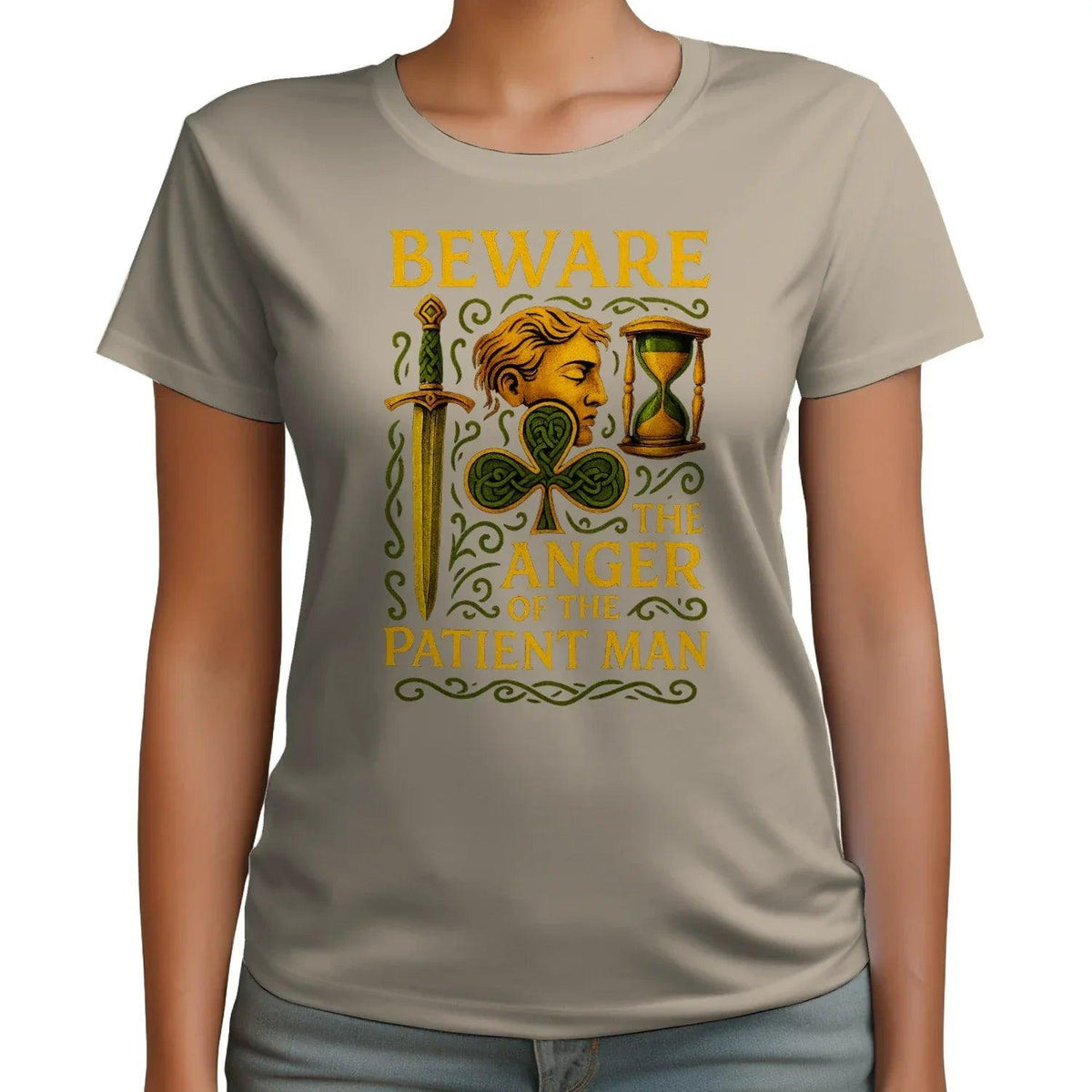 Sand graphic T-shirt with Irish Celtic hourglass and face logo on front