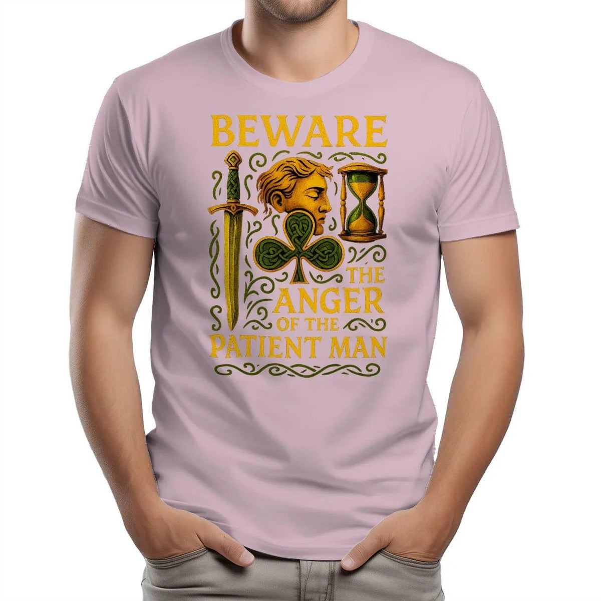 Dusty pink graphic T-shirt featuring Irish Celtic hourglass and face print