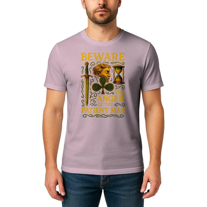 Dusty pink graphic T-shirt with Irish Celtic hourglass and warning text print