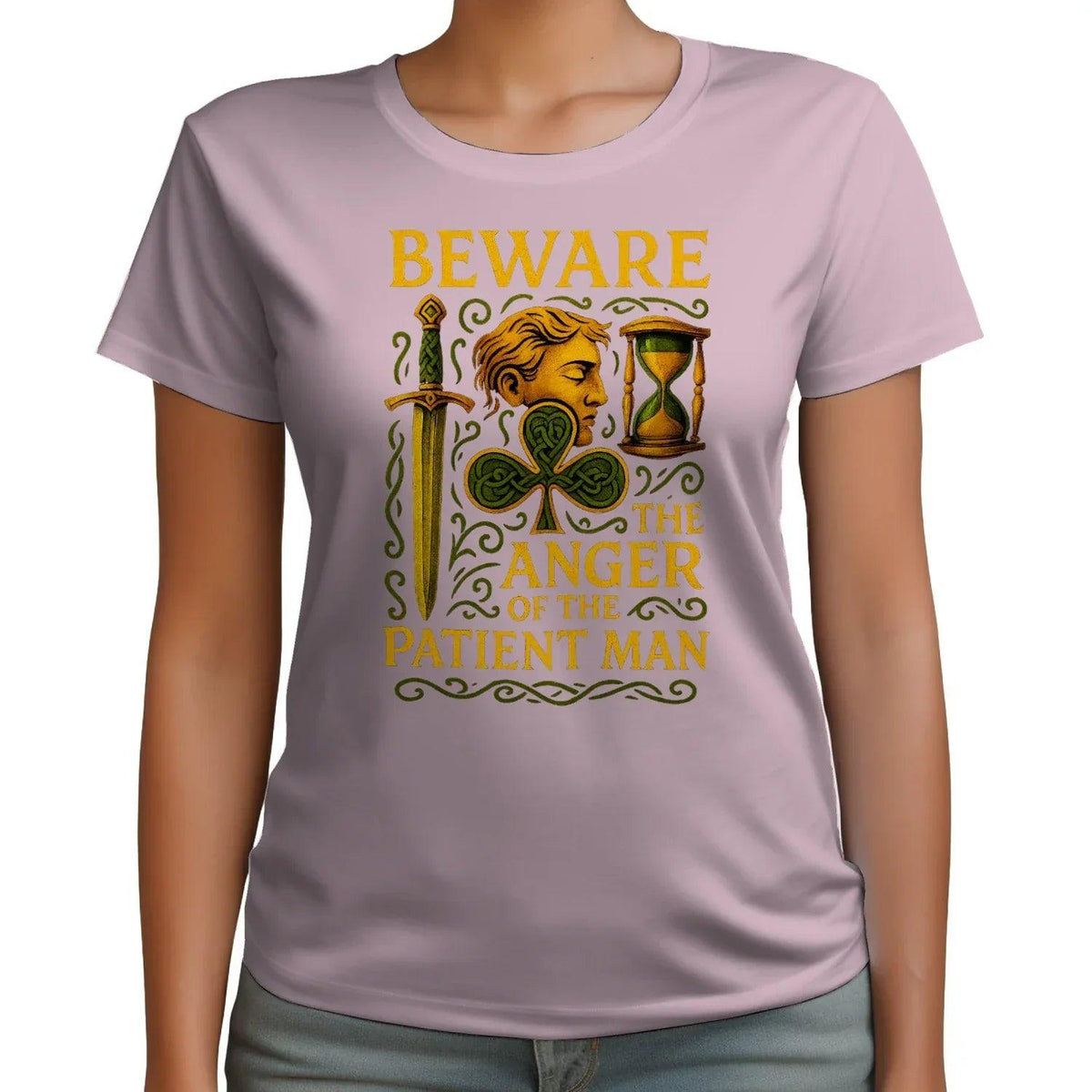 Dusty pink graphic T-shirt with Irish Celtic hourglass and man face front design