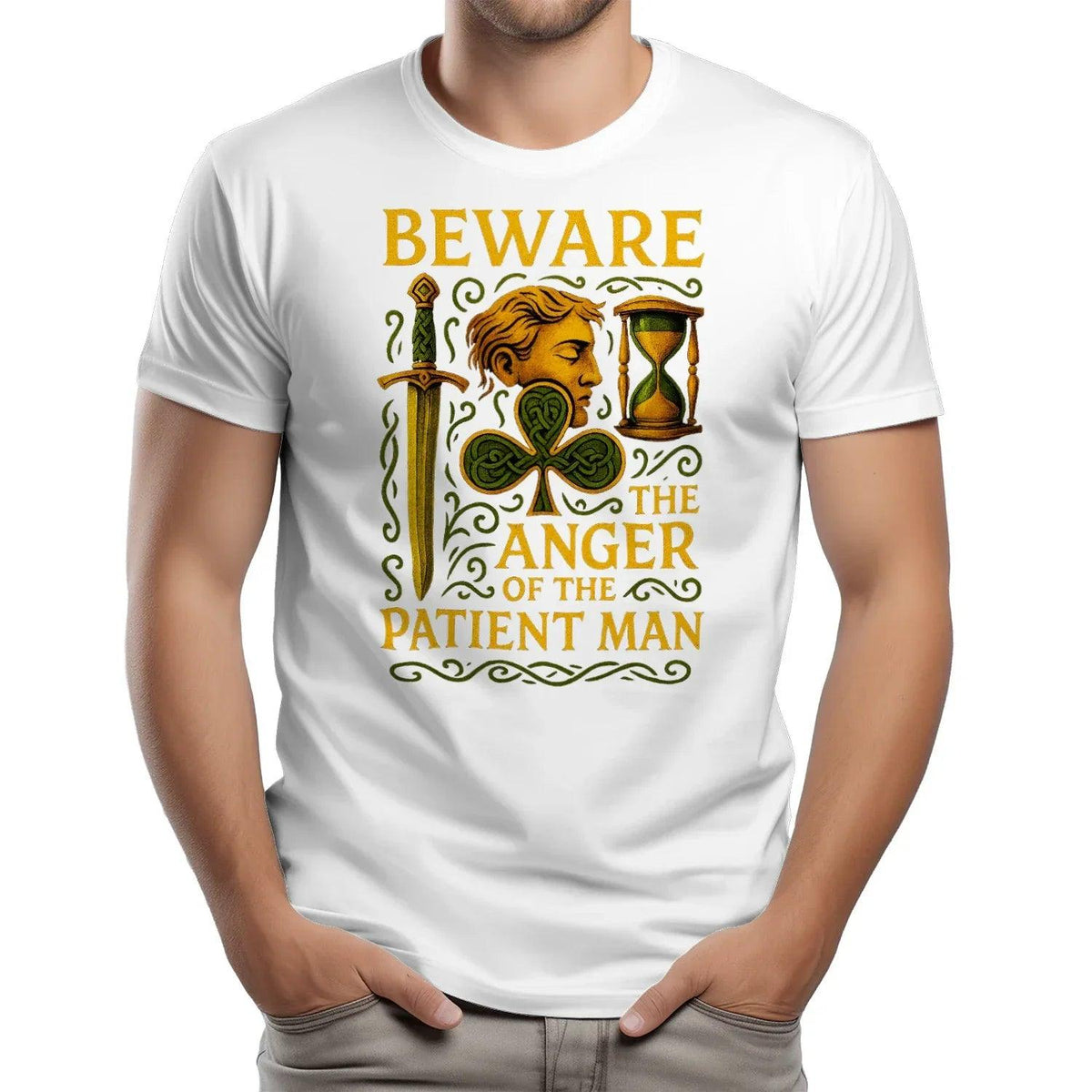 White graphic T-shirt with Irish Celtic hourglass and man face print