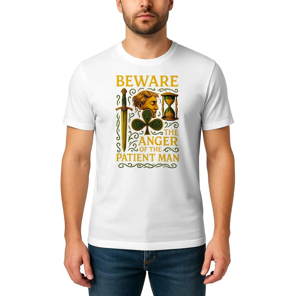 White graphic T-shirt with Irish Celtic hourglass and beware-themed front print