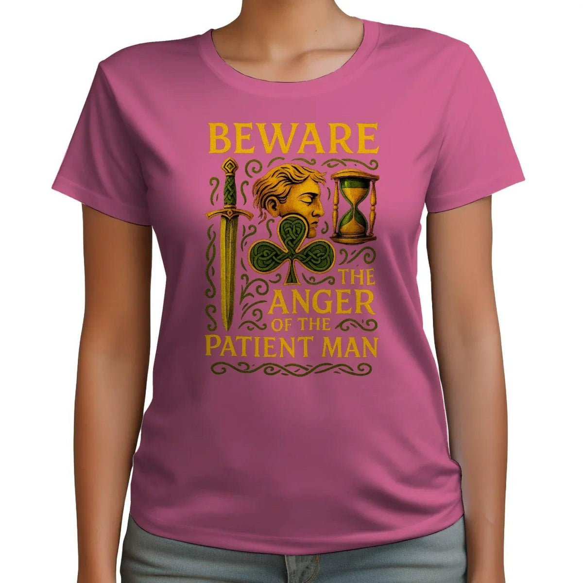 Light pink graphic T-shirt, Irish Celtic hourglass and beware-themed print