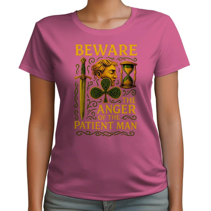 Light pink graphic T-shirt, Irish Celtic hourglass and beware-themed print