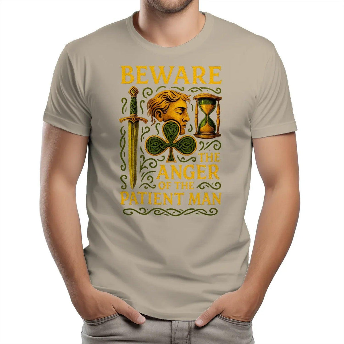 Sand graphic T-shirt with Irish Celtic hourglass and man face print