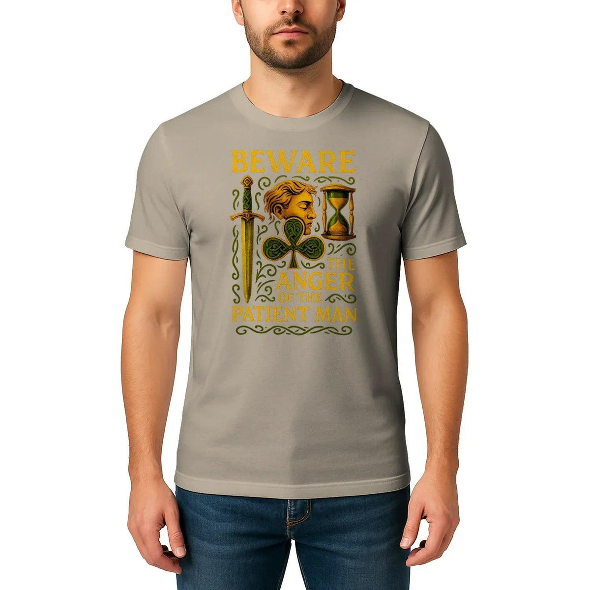 Sand graphic T-shirt with Irish Celtic hourglass and man face front print