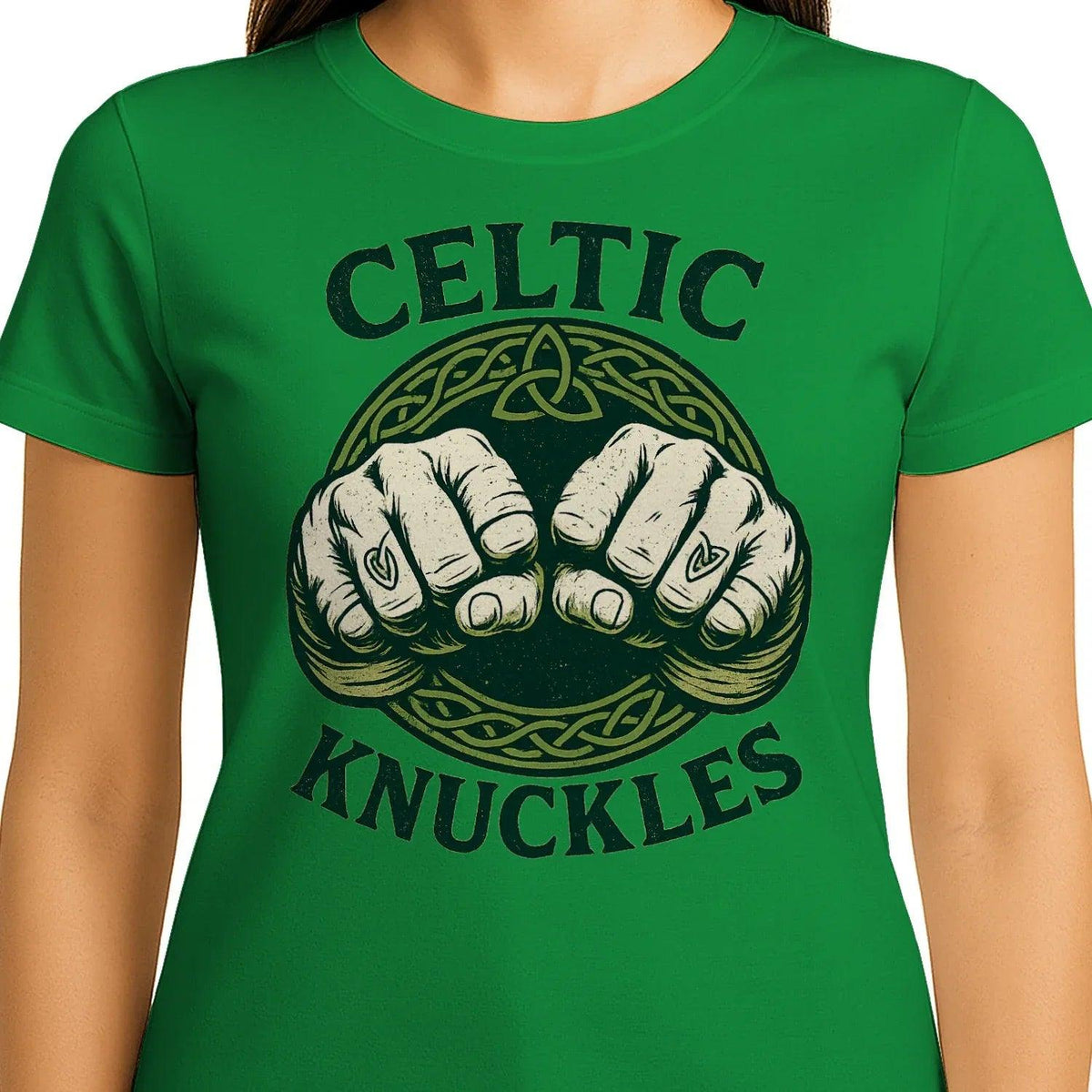 Green soft cotton T-shirt with Celtic knuckles graphic and crew neckline