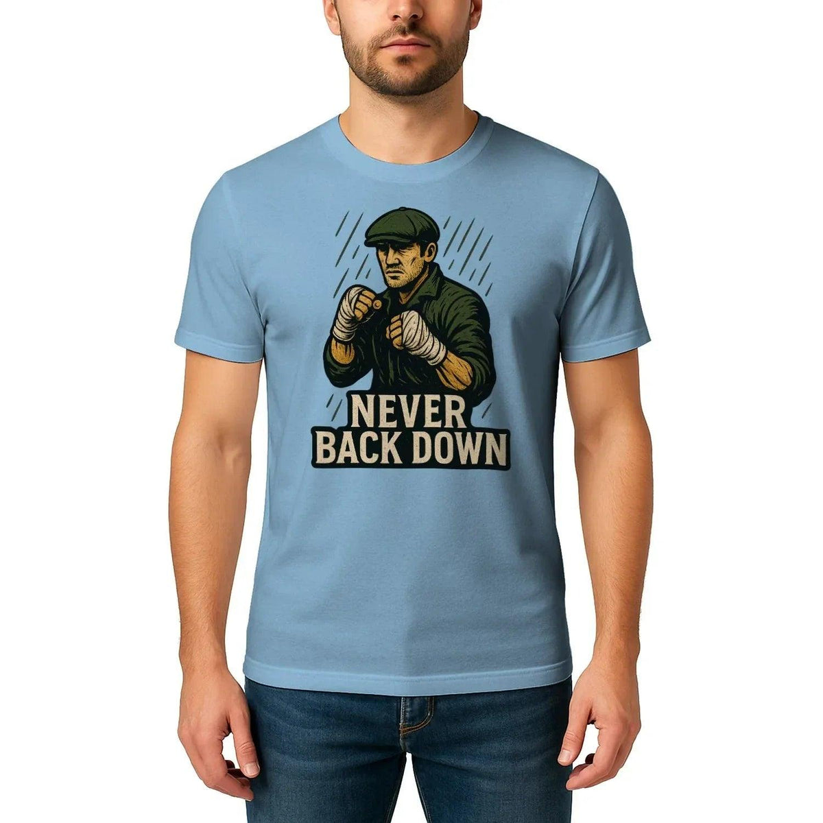 Light blue graphic crew-neck T-shirt with boxing-style hero and “Never Back Down” text