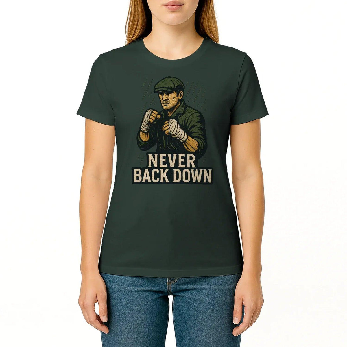 Dark green graphic crew-neck T-shirt with hero character and “Never Back Down” text