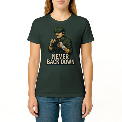 Dark green graphic crew-neck T-shirt with hero character and “Never Back Down” text