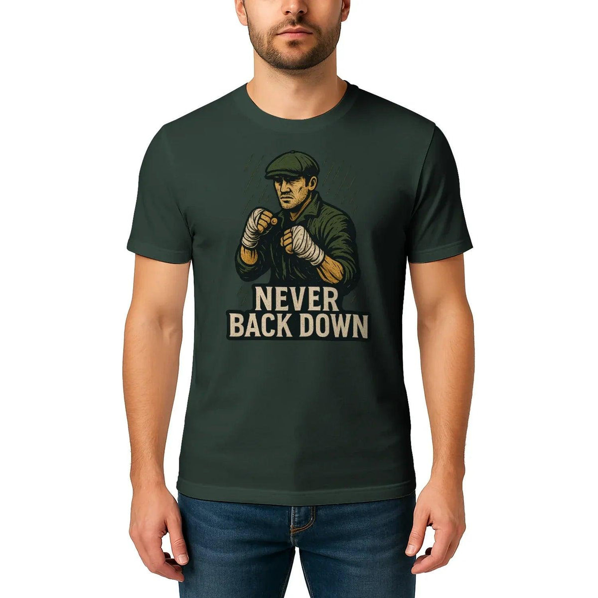 Dark green graphic crew-neck T-shirt with boxing-style hero and “Never Back Down” text