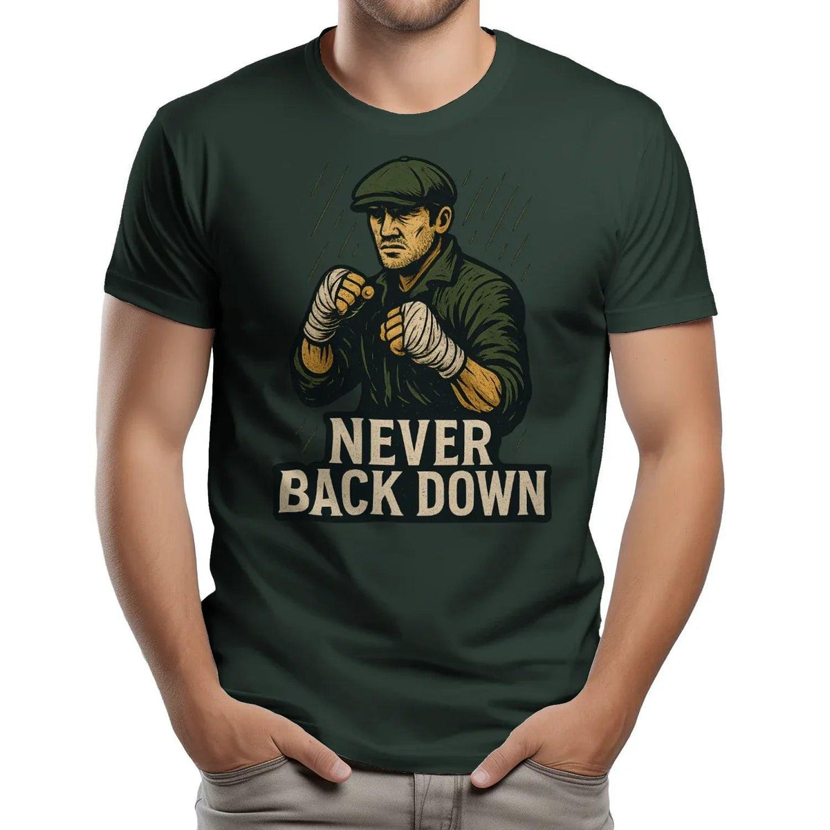 Deep green graphic crew-neck T-shirt with hero fist and “Never Back Down” text