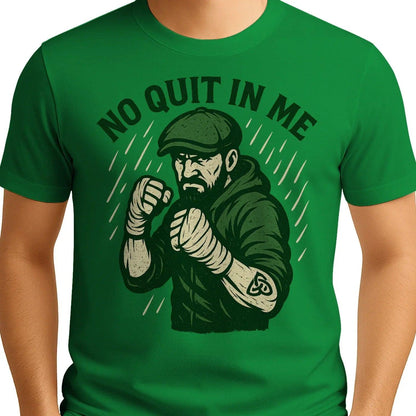 Green T-shirt with 'No Quit In Me' text and boxer illustration on chest.
