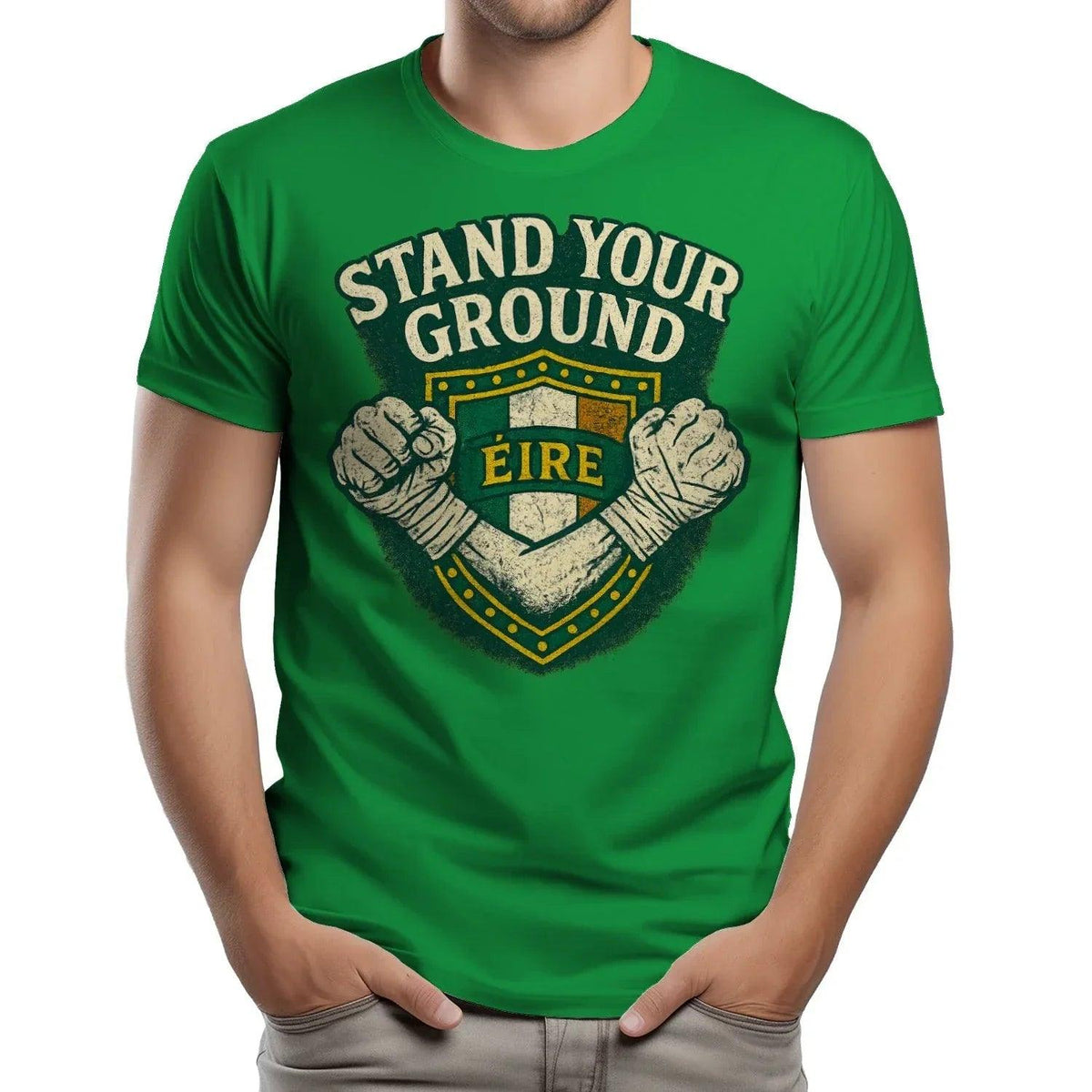 Bright green soft T-shirt with 'Stand Your Ground' Eire shield fists graphic