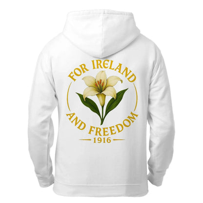 White zip hoodie with back print "FOR IRELAND AND FREEDOM 1916" and flower